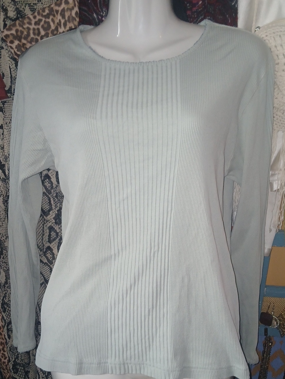 Laura Ashley Y2K Vintage Pale Mint Ribbed Long-Sleeve Top